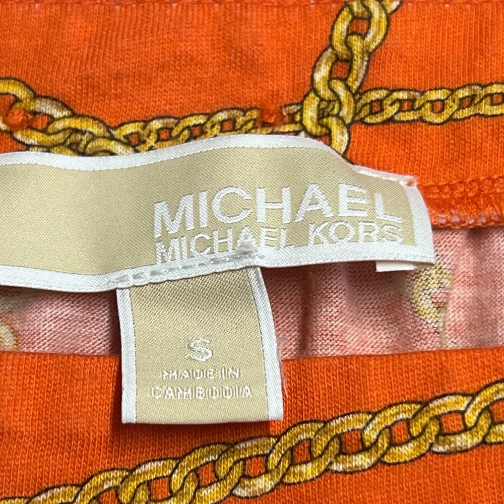 Michael Kors Chain Print Top Womens Small Orange Geometric Ruffle Sleeve Blouse